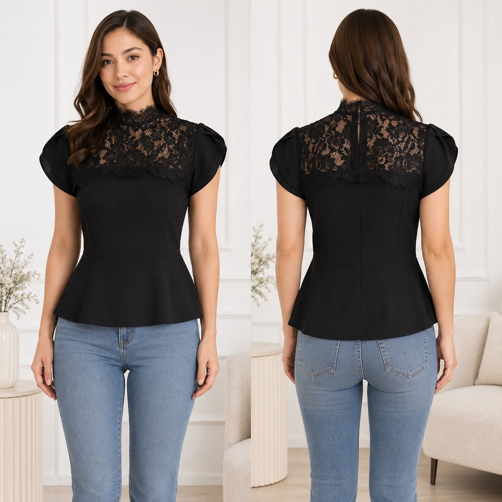 Amanda Uprichard Peplum Top Womens Small Black Lace Inset Mock Neck Cap Sleeve